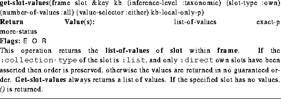 \begin{figure}{\bf get-slot-values}{\index{get-slot-values}\index{operation!get-...
...ied slot has no values, {\em ()}\ is
returned.\vspace{0.1in}\hrule\end{figure}